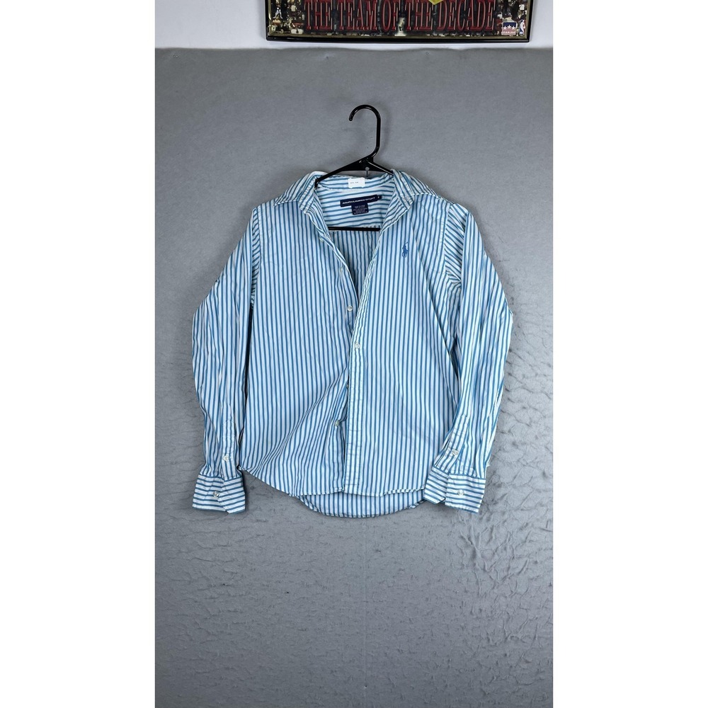 Ralph Lauren Sport Shirt Womens 6 Blue Stripe Button Front Long Sleeve Cotton